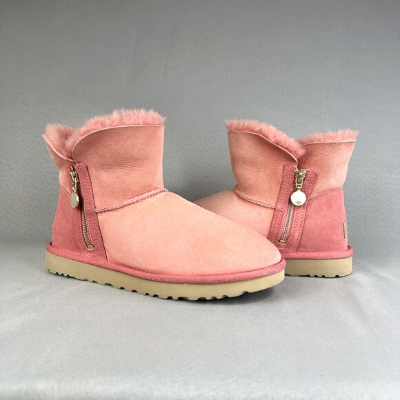 Womens UGG Australia Boots Sz 8 Bailey Mini Zip Pink Suede Wool Ankle Boho Shoes - Picture 2 of 16